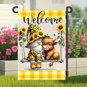 Welcome Highland Cow & Gnome Garden Flag 12x18”